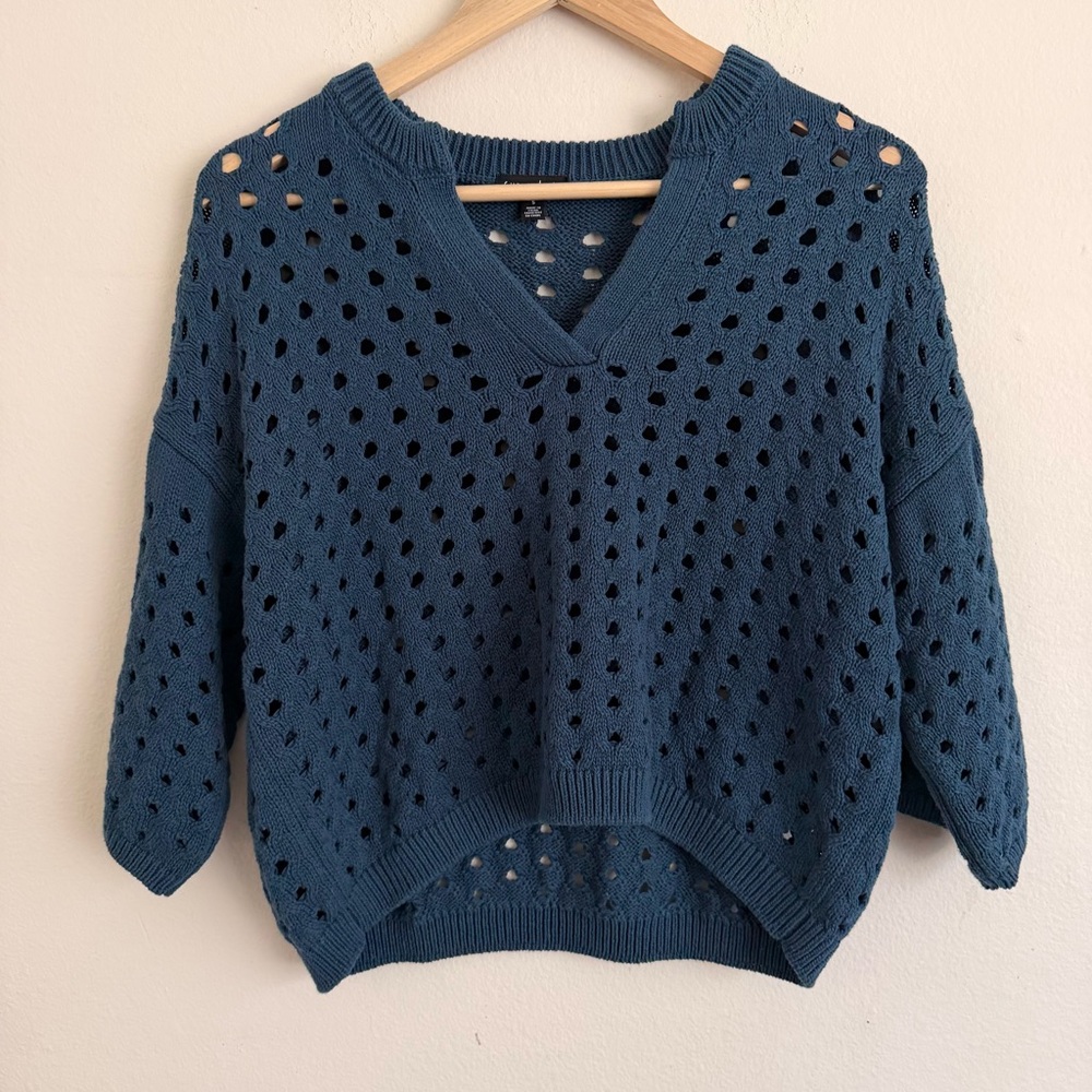 Anthropologie Current Air Open-Knit V-Neck Cropped 3/4 Sleeve Top Teal Size S
